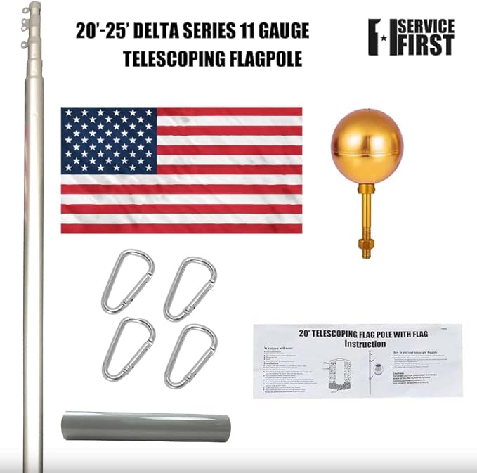 Service First Heavy Duty Telescoping Flagpole Kit (25 Foot, Silver)