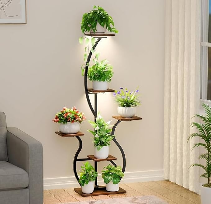 Plant Stand Indoor with Grow Light: 55" Tall Corner Shelf for Multiple Plants, Lighted Plant Stands for Indoor Growing, 6 Tiered S-Shaped Flower Display Stand for Living Room, Patio, Balcony (Black)