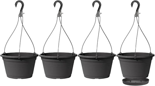 VIDELLY 4 Pcs Hanging Planters,10" Hanging Pots Plastic Hanging Flower Plant Basket Pots with Drainage Trays & Chain Holder for Outdoor Indoor Plants Garden Balcony Decoration, Dark Gray