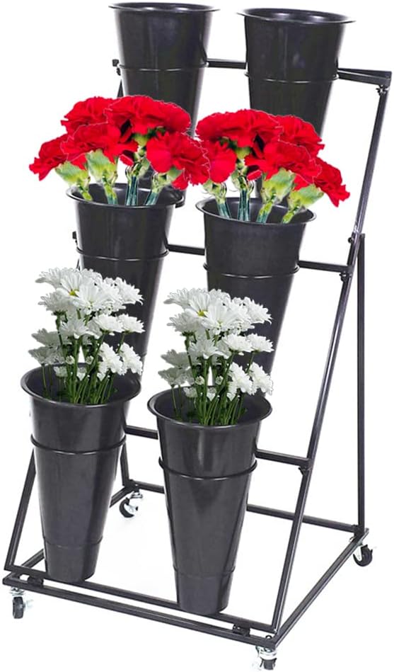 Decorative Flower Display Stand with Buckets for Cut Flowers, Heavy Duty Rolling Plant Stand on Wheels, Indoor Outdoor Flower Cart Ladder Shelf for Florist, Garden, Patio (3 Tier 6 Black Bucket)