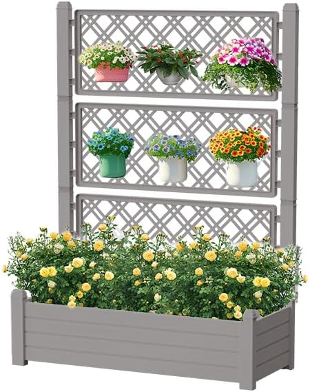 EasyUp Raised Garden Bed with Trellis for Climbing Plants, Raised Herb Garden Bed with Drainage Plug & Water Level Gauge, Durable Dust-Proof Resin Planter for Patio, Balcony, Backyard