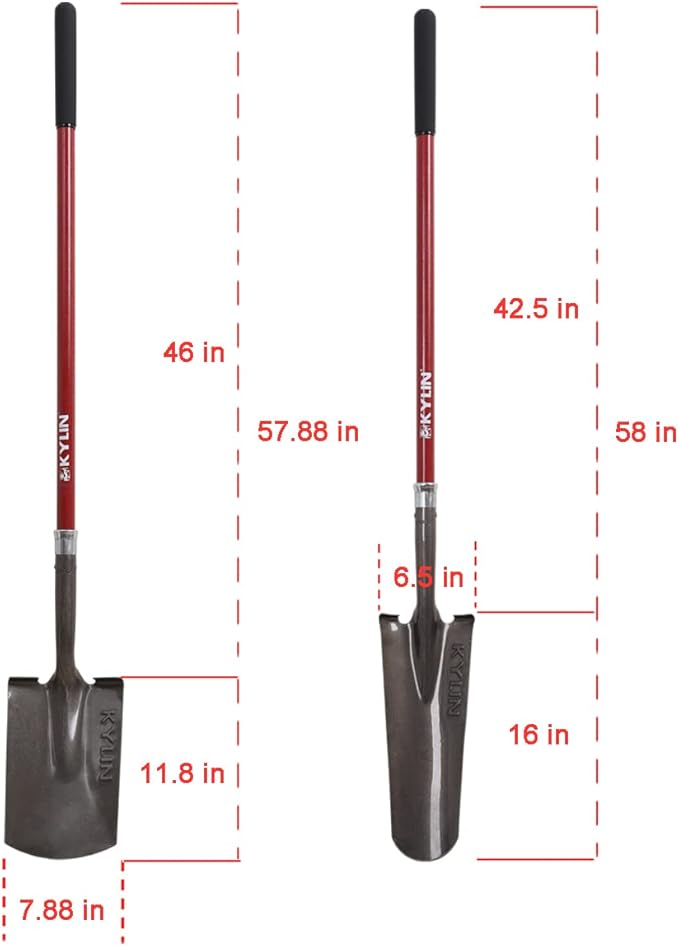 KYLIN Heavy Duty Long Fiberglass Handle Shovel 2-Piece Set, for Digging, Gardening, Cleaning Out Ditches, Digging Narrow Trenches, Laying Drains, Pipes and Cable Channels and Landscaping Industry.