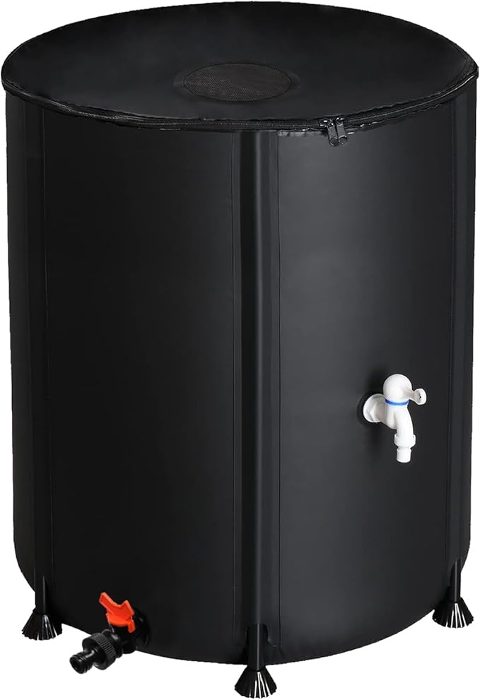 50 Gallon Collapsible Rain Barrel, Folding Water Storage Container, Portable Rain Collection, Water Storage Tank PVC for Garden Water Catcher with Screen Mesh Protector and 3/4 Faucet Black