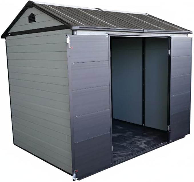 8x6 FT Outdoor Resin Garden Shed with Floor and 2 Windows,Sloping Roof Storage Sheds Lockable Design & Door,Tool House for Storing Bicycles,Lawnmowers,Barbeques,Trash Cans,Grey+Black