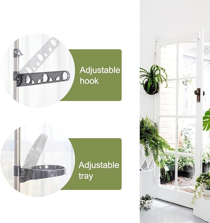 Hershii Expandable Plant Stand Double Tension Poles Holder Indoor Metal Flower Display Racks Floor to Ceiling Tall Decorative Storage Shelf with 12 Trays, 2 Arms & 1 Hanging Rod - Grey