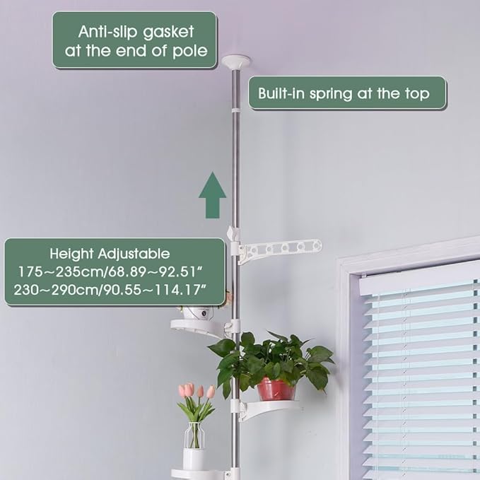 Hershii 5-Layer Indoor Plant Pole Spring Tension Rod Corner Flower Display Rack Adjustable Plant Pot Stand Holder Telescopic Floor to Ceiling Shelf Space Saving - Ivory