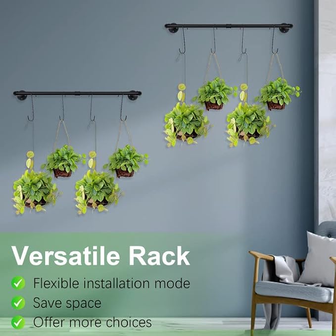 Yoiemivy Hanging Planter Bars with 4 Hooks Hanging Planters for Indoor Plant Wall Mount Planter Hanger Rod Black Window Plant Hanger Shelf Holder for Window Wall Ceiling Herb Garden (Black)