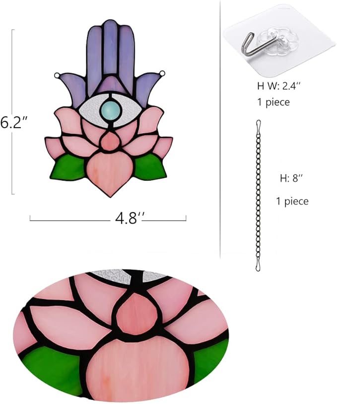 Hamsa Hand Decor Stained Glass Window Hangings,Lotus Flower Suncatchers for Windows Amulet Meditation Home Decor,Spiritual Gift for Women,Baptism Blessing Housewarming Gift