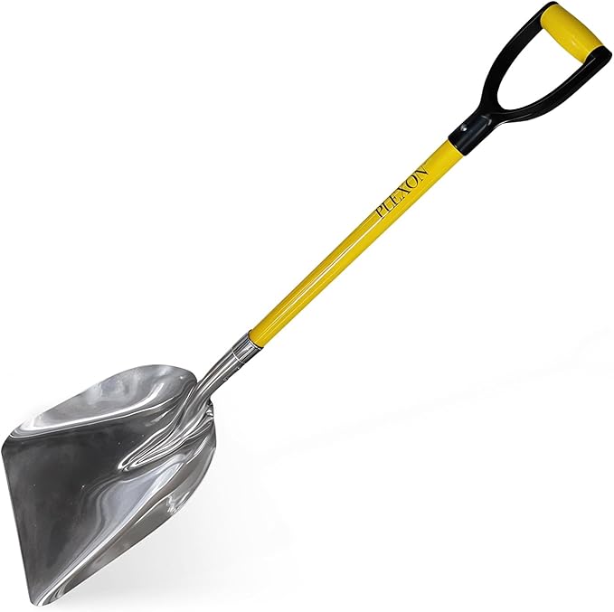 Plexon Aluminium Steel Snow Shovel for Driveway 12" Blade - Heavy Duty Snow Shovel for Car - Metal Scoop Shovel - Fiberglass Handle & Plastic D-Grip - Outdoor Garden Yard, 48" Length