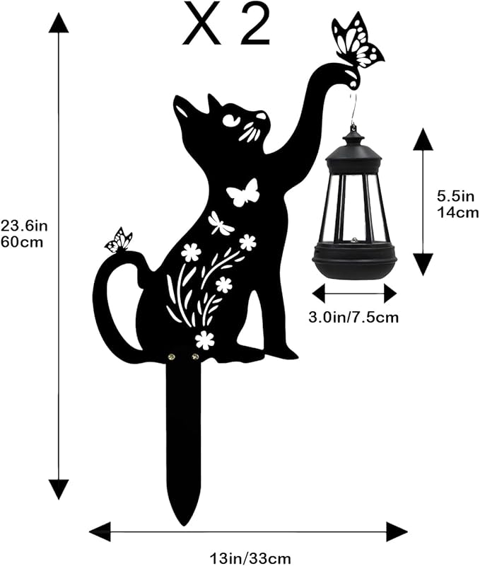 Black Cat Solar Lights Outdoor Garden - 2 Pack Solar Lights Outdoor Garden Decor Stake with Butterfly Decorative Metal Housewarming Ornament for Yard Lawn Patio – Unique Gift Ideas for Christmas