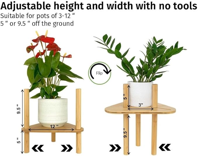 Adjustable Plant Stand for Indoor Pots – Bamboo Wood, Height & Width Adjustable (No Tools Needed), Fits Small & Large Pots Sizes 3 to 12 inches (Not Included), Mid-Century Modern Style