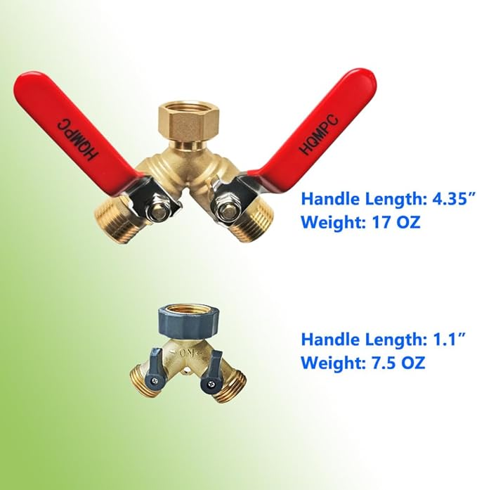 HQMPC Garden Hose Y Valve Splitter With Stainless Steel Long Handle - Brass 2 Way Water Adapter, 3/4" GHT Thread