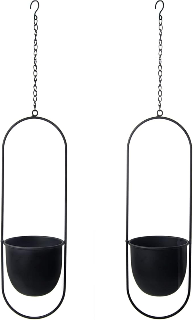 Metal Oval Hanging Planter, Set of 2 Black Geometric Plant Hangers with 6 inch Flower Pots in Oval Shape, Modern Wall and Ceiling Plant Holders for Indoor Outdoor Plants Home Décor