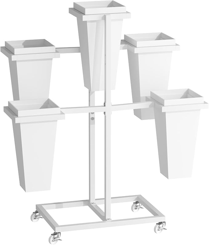 Flower Display Stand with Buckets, Sturdy Flower Cart with Wheels, Metal Bouquet Bar for Wedding, Party, Patio, Bridal Shower, White