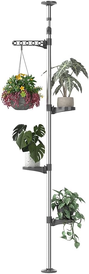 Hershii Indoor Plant Stand Pole Tension Rod Corner Standing Shelf Adjustable Flower Pots Holder Display Rack with 1 Hook & 3 Trays - Grey
