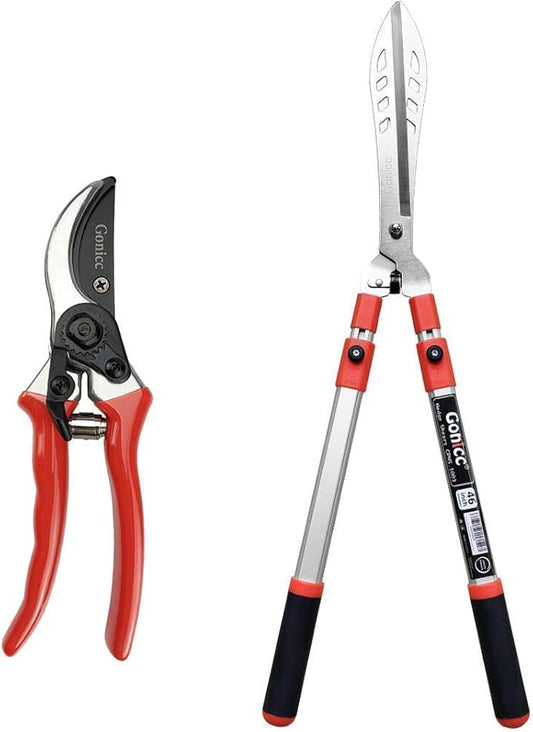 gonicc 8" Professional Sharp Bypass Pruning Shears(GPPS-1002) and Adjustable 33"+ 13" Hedge Shears. Tree Trimmers Secateurs,Hand Pruner, Garden Shears,Clippers for The Garden.