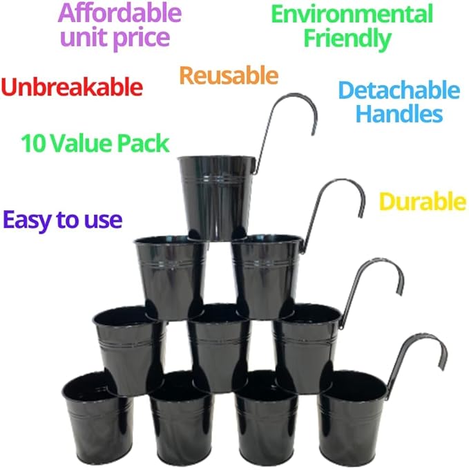 LaLaGreen Small Hanging Planters - 10 Pack, 4 Inch Black Metal Bucket Small Flower Pots for Outdoor Outside, Balcony Railing Hanging, Cute Garden Decor Rail Wall Farmhouse Rustic Deck Porch Succulent