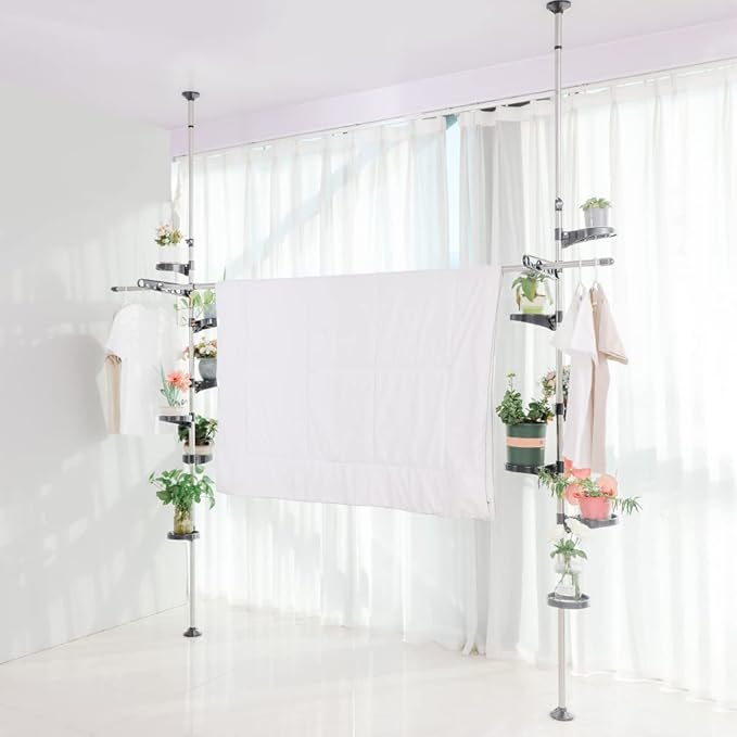 Hershii Expandable Plant Stand Double Tension Poles Holder Indoor Metal Flower Display Racks Floor to Ceiling Tall Decorative Storage Shelf with 12 Trays, 2 Arms & 1 Hanging Rod - Grey