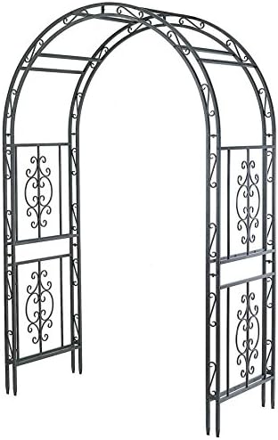Plow & Hearth Arch Metal Outdoor Garden Arbor | Montebello | 7 Feet Tall | Gun-Metal | Iron Trellis Lattice for Climbing Plants | Wedding | Outdoor Patio Décor