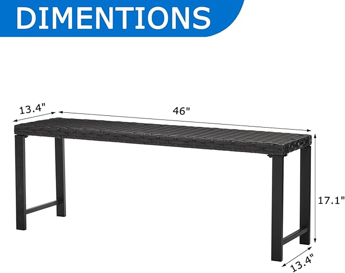 46" Outdoor Rattan Backless Bench, All-Weather Patio Garden Bench for Backyard, Porch, or Lawn, Durable Steel Bench for Outdoor Spaces