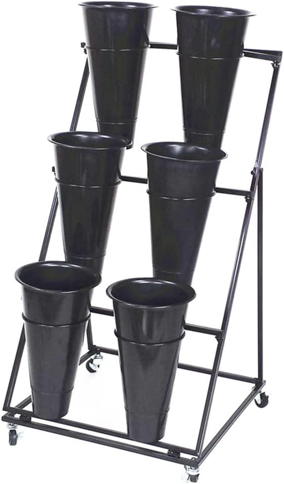 Decorative Flower Display Stand with Buckets for Cut Flowers, Heavy Duty Rolling Plant Stand on Wheels, Indoor Outdoor Flower Cart Ladder Shelf for Florist, Garden, Patio (3 Tier 6 Black Bucket)