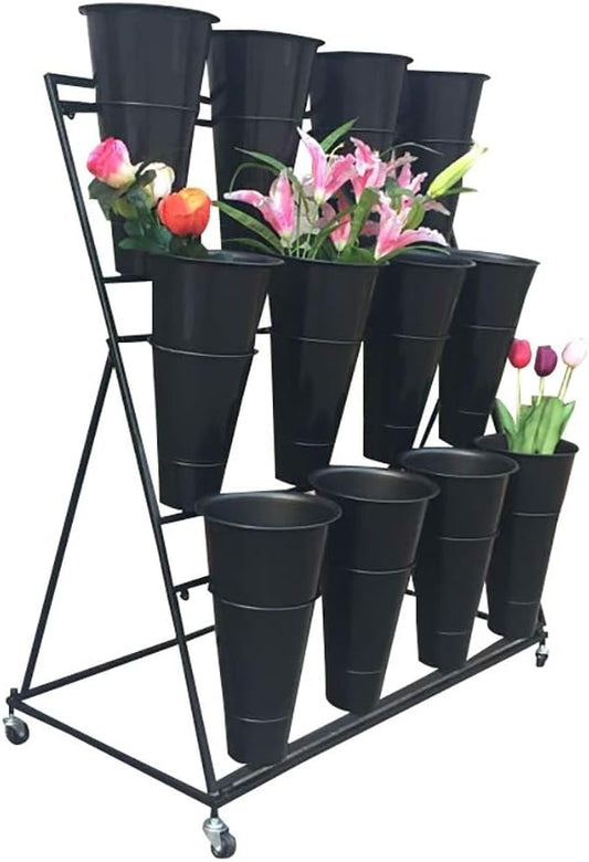 FPIGSHS Flower Display Stand, 3 Layers, Black, Metal, Iron, 150 lbs Capacity, 3 Tier, Wheels, Assembly Required
