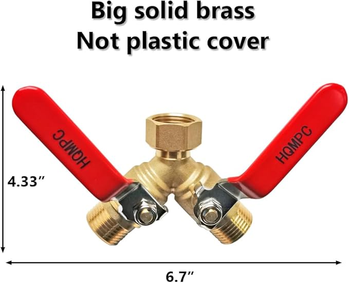 HQMPC Garden Hose Y Valve Splitter With Stainless Steel Long Handle - Brass 2 Way Water Adapter, 3/4" GHT Thread