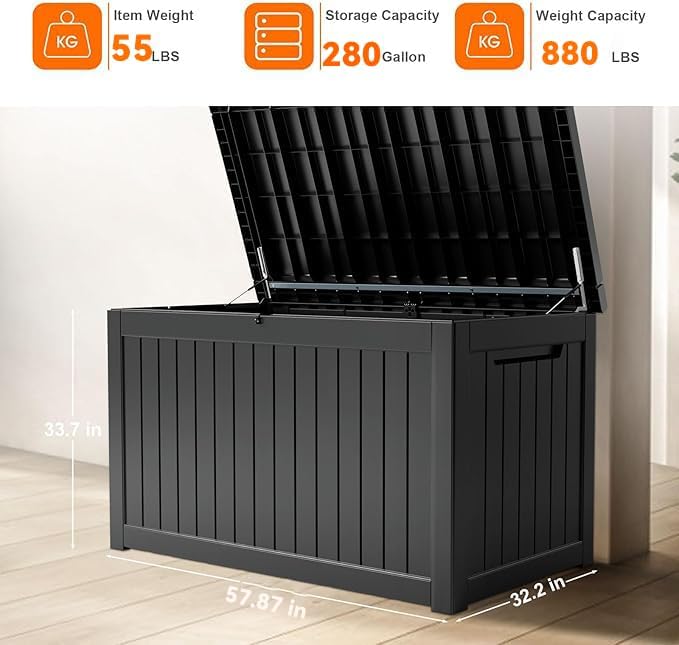 280 Gallon Resin Deck Box, Lockable Patio Outdoor Storage Box for Furniture, Garden Tools and Tools Storage, Waterproof Outside Storage Boxes - Black