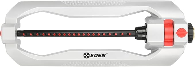 Eden 94111 Heavy Duty Metal Oscillating Sprinkler, Covers Up to 3,328 sq. ft., 20 Precision Nozzles, Flow Control, Adjustable Range, Quick Connect Bundle, Silver, Red, Black