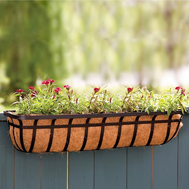 BestNest 2-Pack Panacea 88558 Flat Iron Series Planter Boxes, 36" – Black Metal Window Box Planters with Coco Liners – Durable Wall or Fence Mount Trough Planters for Flowers, Herbs & Outdoor Décor