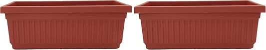 The HC Companies 18 Inch Venetian Rectangular Window Planter Box - Lightweight Plastic Indoor Outdoor Plant Pot with Drainage for Windowsill, Herbs, Flowers, Clay (Pack of 2)
