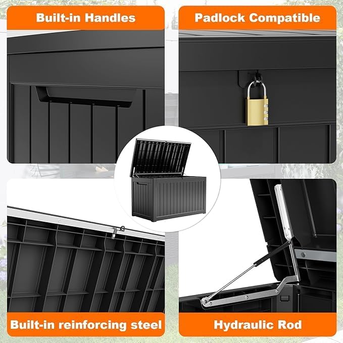 280 Gallon Resin Deck Box, Lockable Patio Outdoor Storage Box for Furniture, Garden Tools and Tools Storage, Waterproof Outside Storage Boxes - Black