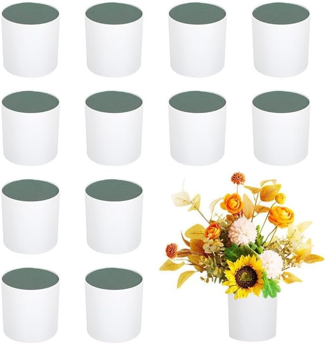 12 Set Plastic Cylinder Planter Box 4 x 4 Inch Flower Boxes for Arrangements White Round Plastic Flower Box with Removable Foam Blocks Liner for Centerpiece Home Wedding Garden Decor (Classic)