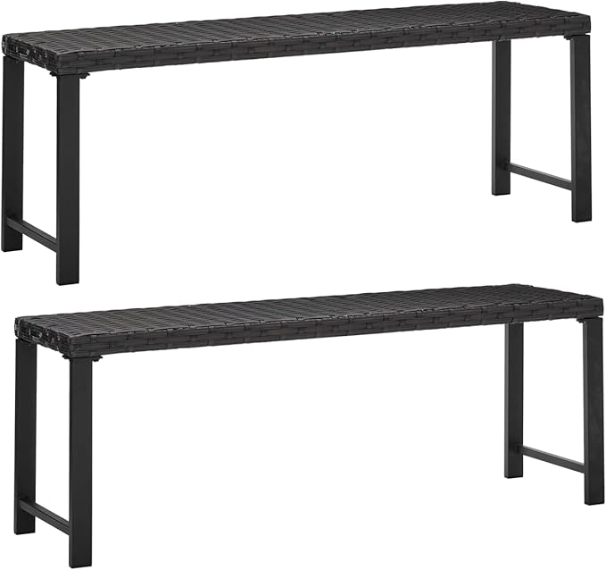 46" Outdoor Rattan Backless Bench Set of 2, All-Weather Patio Garden Bench for Backyard, Porch, or Lawn, Durable Steel Bench for Outdoor Spaces