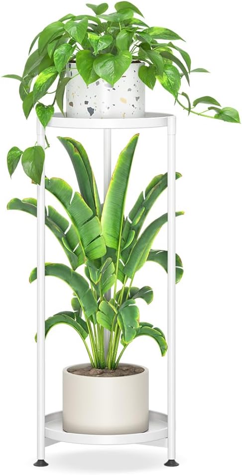 iDavosic.ly 2 Tier Corner Plant Stand Indoor, Tall Vertical Metal Flower Heavy Duty Pot Holder Shelf Outdoor for Patio Porch Living Room, White - Round