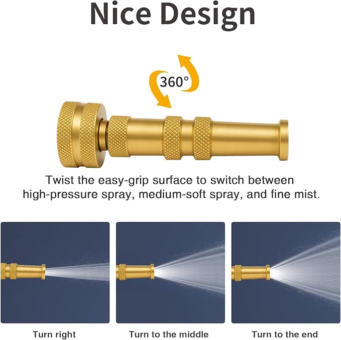 Brass Hose Nozzle Cyprium Brass Water Hose for Garden Hose, High Pressure Adjustable Twist Heavy Duty 4" Power Washer
