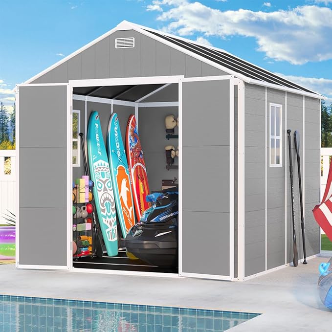 8x8 FT Resin Storage shed, Outdoor Storage Sheds with Floor, Window, Lockable Doors and Vents, 12mm Thick pp Board, Large Storage Space Tool Shed for Lawn, Backyard, Patio (Gray, 8 * 8ft)
