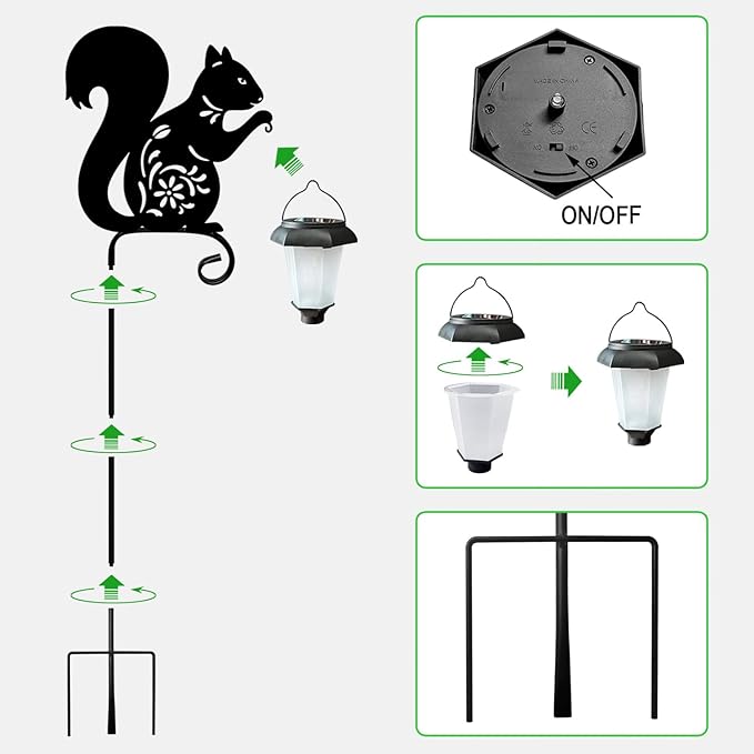 Metal Squirrel Garden Stake, Solar Lights Outdoor Solar-Powered with Lantern-Outdoor Waterproof Pathway and Garden Decorations (Black Squirrel)