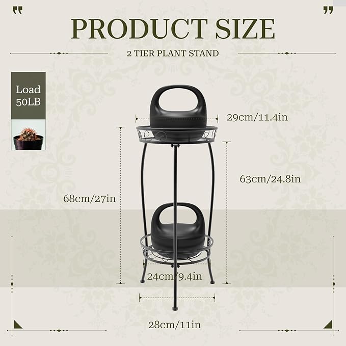 Plant Stand Indoor Outdoor, 2 Tier 27" Tall Metal Plant Stand Shelf, Heavy Duty Flower Pot Shelf for Corner, Patio, Garden, Office, Living Room