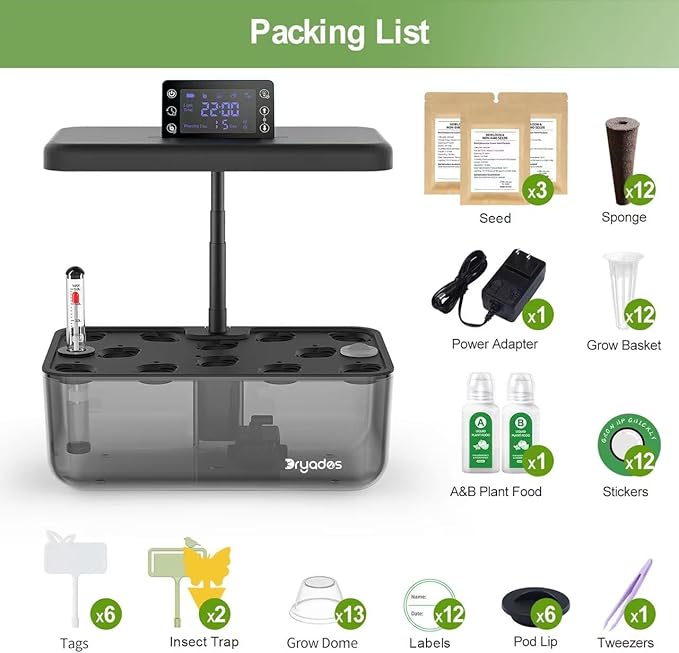 Hydroponic Growing System Kit With Operation Screen + 3 Free Seeds (Lettuce, Salad Mixed, Basil), 12 Pods Indoor Smart Gardening Herb Planter, 24W Full Spectrum LED Grow Light Growing System (Black)