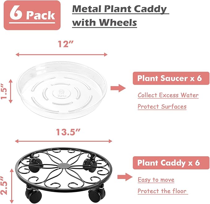 6 Pack Metal Plant Stand with Wheels 13.5 Inch Plant Caddy with Wheels Heavy Duty Wrought Iron Rolling Plant Stand Plant Dolly Plant Rollers Plant Cart Plant Mover with 6 Pack Plant Saucers