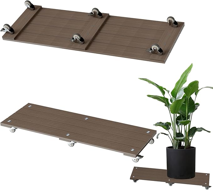 mondaria 2 Pack Plant Caddy with Wheels, 15.7" Wood Plastic Composite Plant Stand, Heavy Duty Square Plant Dolly with Metal 360° Lockable Caster Wheels for Large Plant Pots, Flower Pot ,Dark Brown