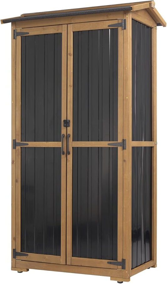Outdoor Storage Cabinet, Wood & Metal Garden Cabinet with 3 Adjustable Shelf, Weather-Resistant Roof, Lockable Doors & Adjustable Feet for Patio, Garden, Farm (33" L x 21" W x 69" H)