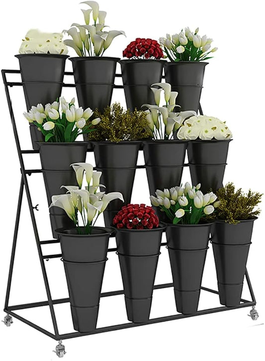 Flower Display Stand with 12pcs Plastic Buckets Iron Plant Stand with 4 Universal Wheel, 3-layers Metal Moving Florist Bouquet Shelf for Fresh Flower Shop (BLACK)