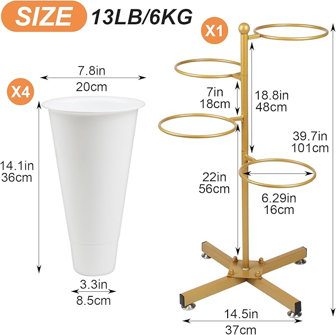 Flower Display Stand with 4 Bucket,Floral Stand with Foldable Frame for Silk Fresh Flowers,4 Tier Florist Shelf Plant Cart for flower shop Garden Living Room,Easy to Install (Gold Shelf+ White Bucket)