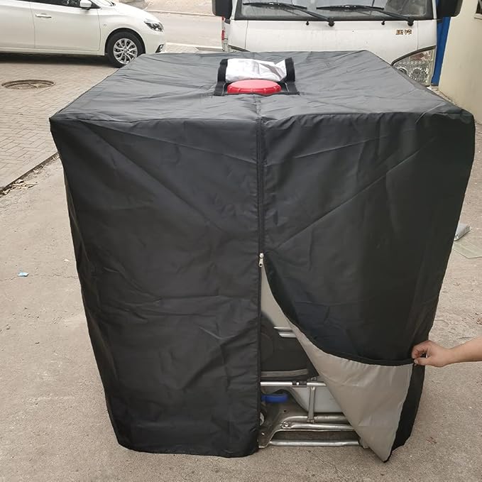 IBC Tote Protective Cover for 275 Gallon (1000L) Outdoor Rain Barrel Tank, Waterproof, 210D Oxford Cloth (Black), 120*116*100 cm