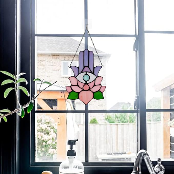 Hamsa Hand Decor Stained Glass Window Hangings,Lotus Flower Suncatchers for Windows Amulet Meditation Home Decor,Spiritual Gift for Women,Baptism Blessing Housewarming Gift
