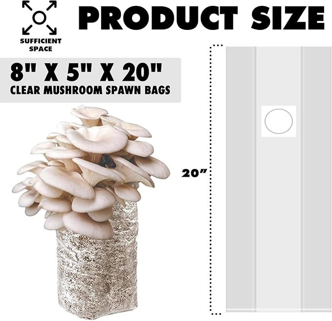TonGass 60-Pack Large 8"x5"x20" Autoclavable Mushroom Grow Bags Bulk with Microporous Filter Patchs, Extra Thick 80 Micron (=3 Mil), Mushroom Cultivation Spawn Supply Myco Bag Bulk Substrate Bags