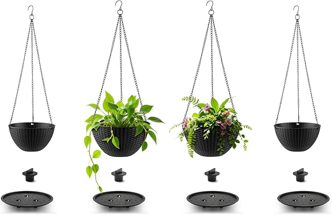Hanging Planters for Indoor Outdoor Plants 8 and 10 Inch, 4 Packs Plant Hanger with Drainage Holes, Hanging Basket Flower Pot Perfect for Home, Office and Garden, Black
