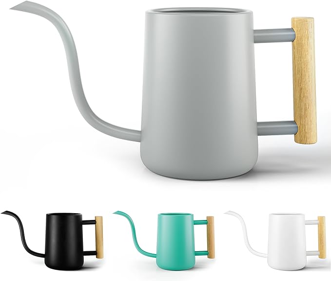 35 oz Metal Small Indoor Watering Can with Long Spout & Real Wood Handle for House Plants, Succulents, Cacti & Seedlings - Gray Long Spout Watering Can Indoor Plants - Stylish, Gentle Flow, No Spills